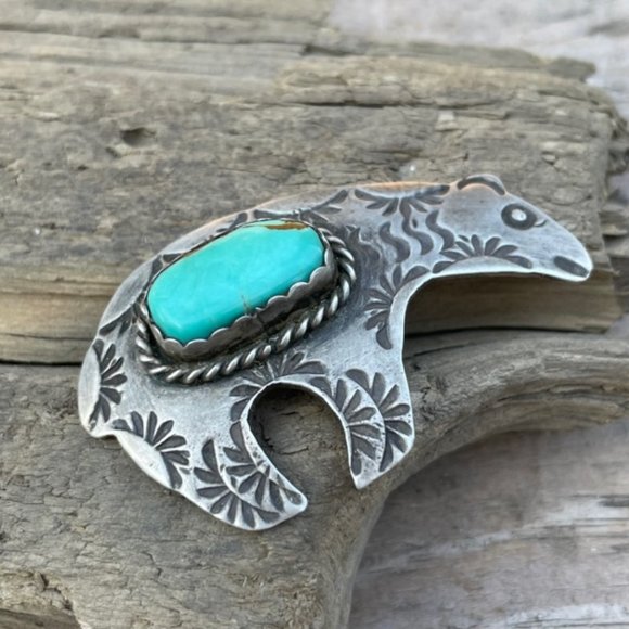 Signed AJC Native American Navajo Sterling Silver Turquoise Bear Pin - Picture 7 of 14